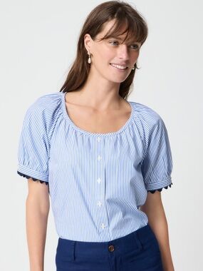 NWOT J Crew Women's Blue Stripe Button-Front Puff Sleeve Top